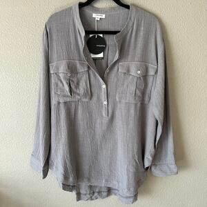 Oversize Relaxed Fit Half Button Front High Low Flap Pocket Top Womens Blouse